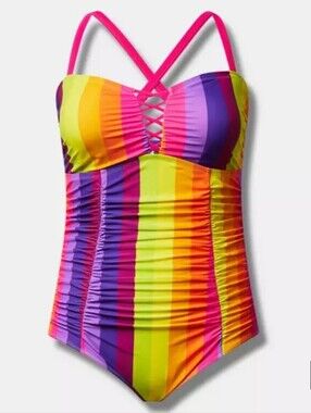 Torrid Neon Stripe One-Piece Swimsuit  Pink, Yellow, Orange, Purple Size 10-12
